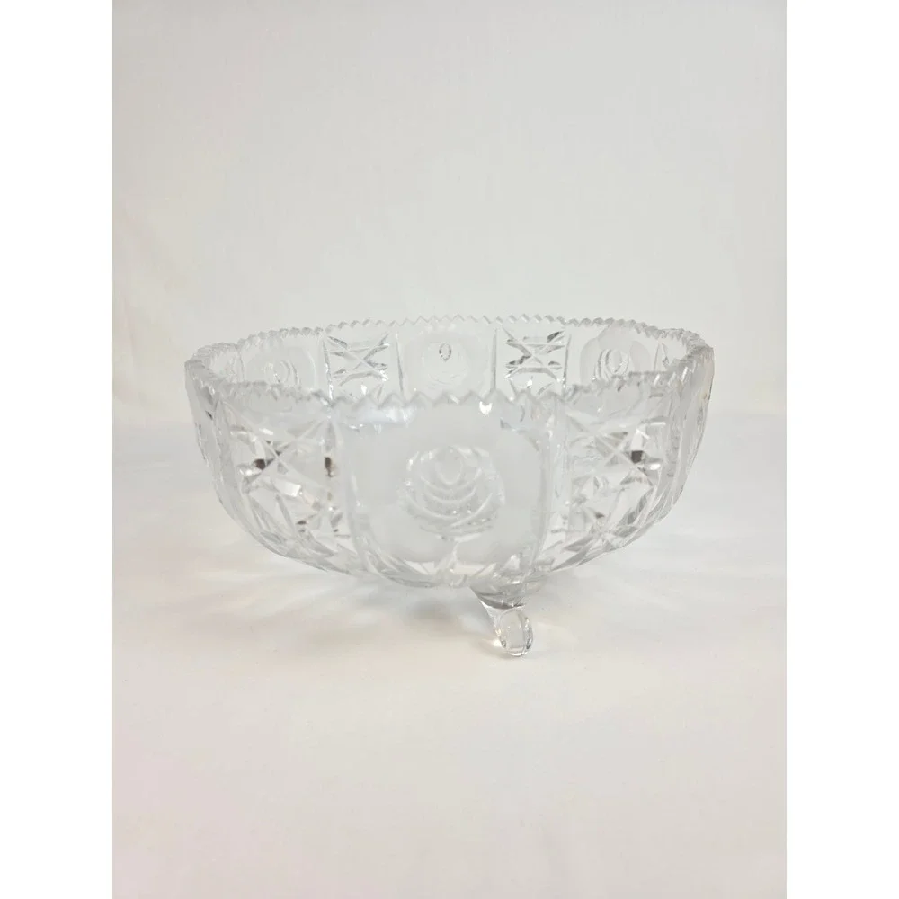 Handcrafted Italian Crystal Bowl 30% PbO Lead Glass Floral Footed‎ Sawtooth Rim